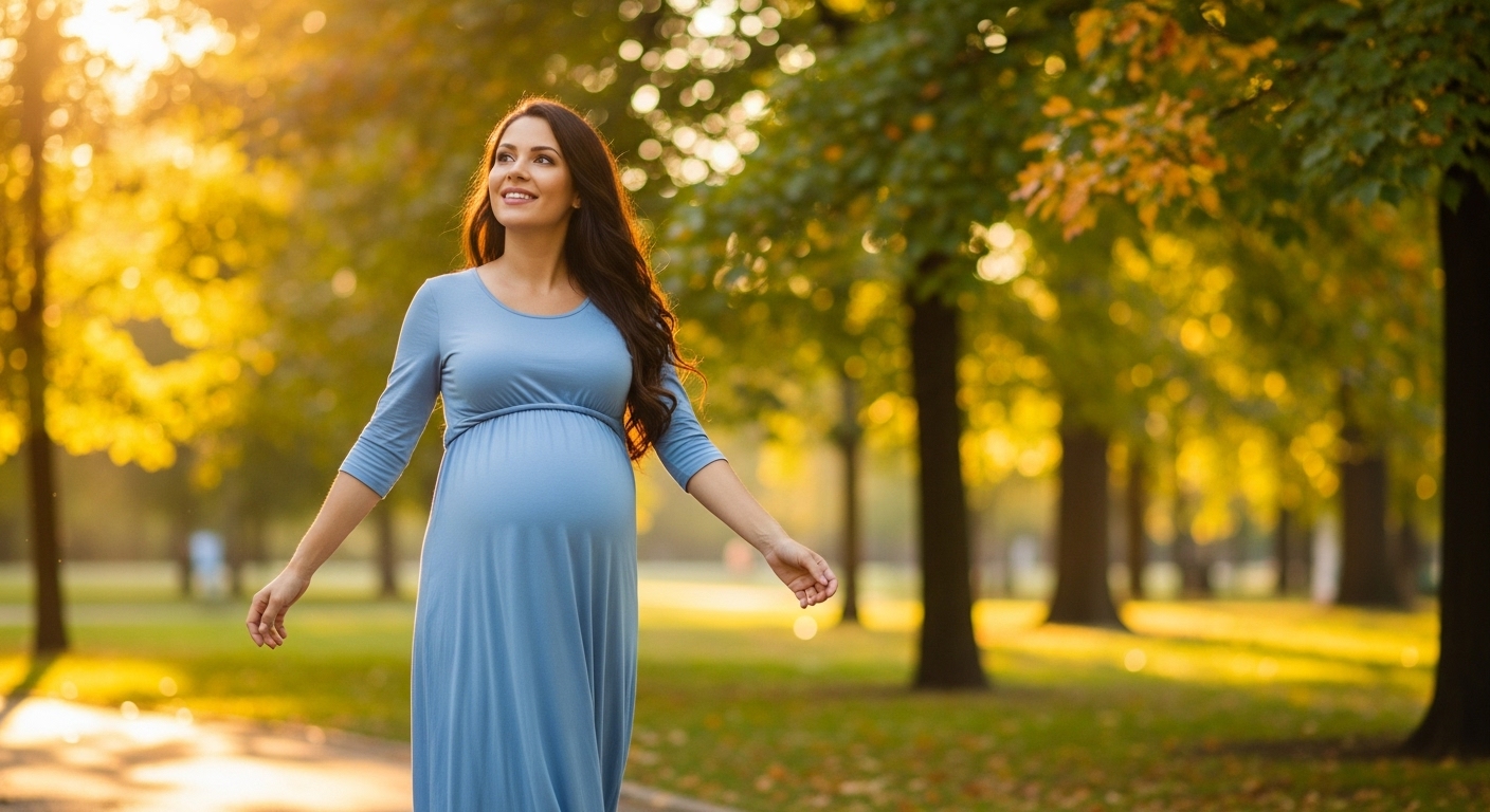공원에서 건강하고 행복하게 걷고 있는 만삭의 임산부