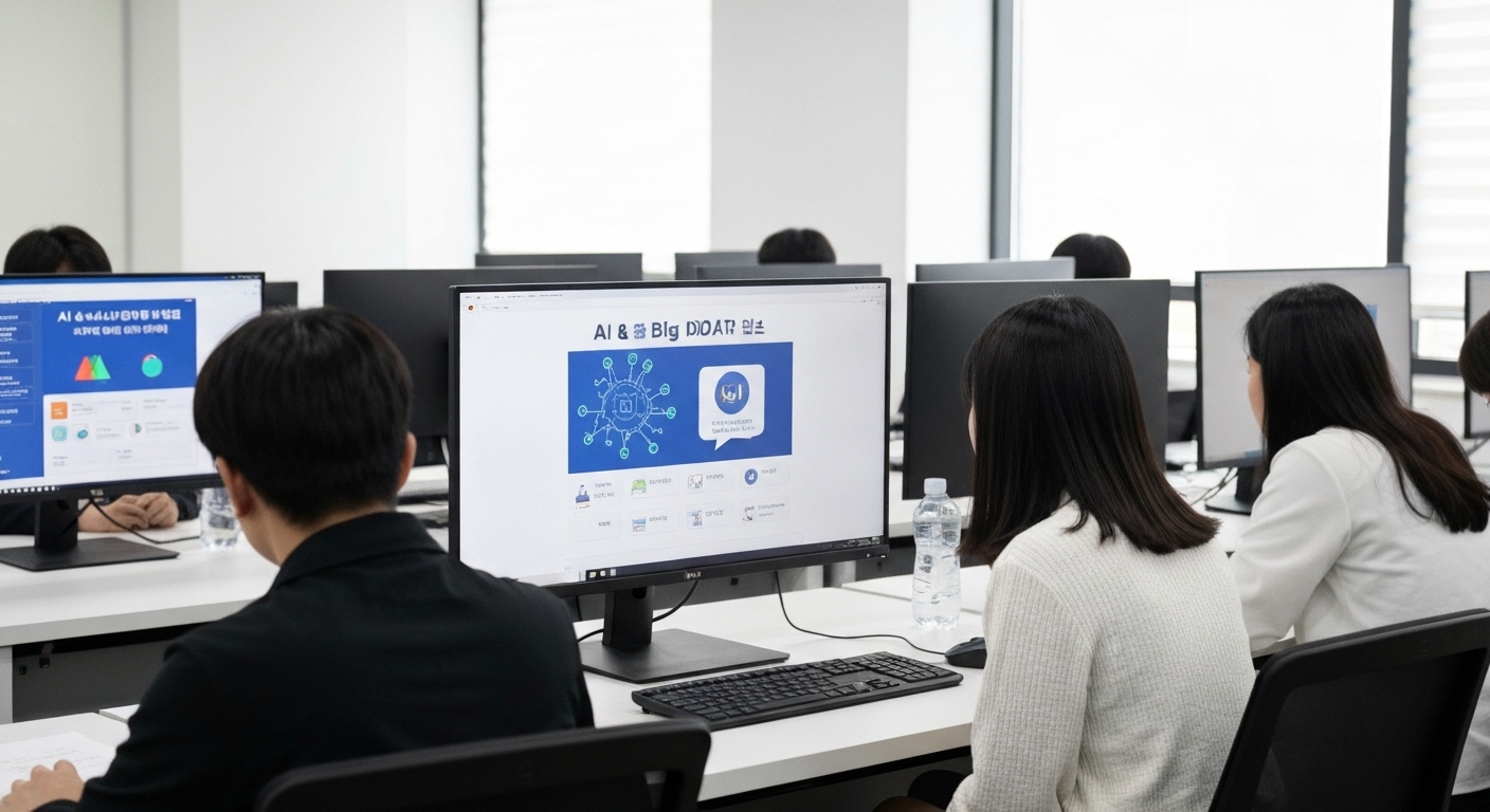 한국의 현대 교실에서 AI와 빅데이터 등 직업 훈련을 받고 있는 장면