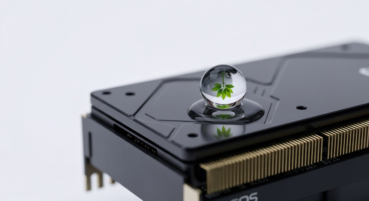 기술과 자연의 조화를 상징하는 AI 서버 칩 위의 맑은 액체 방울