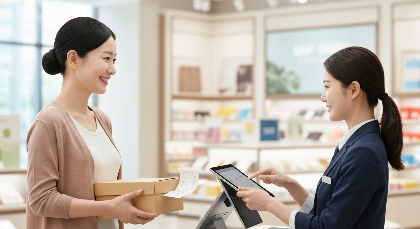 ERP 시스템 덕분에 체계적으로 제품 배송과 고객 서비스를 받는 만족한 한국 고객 모습