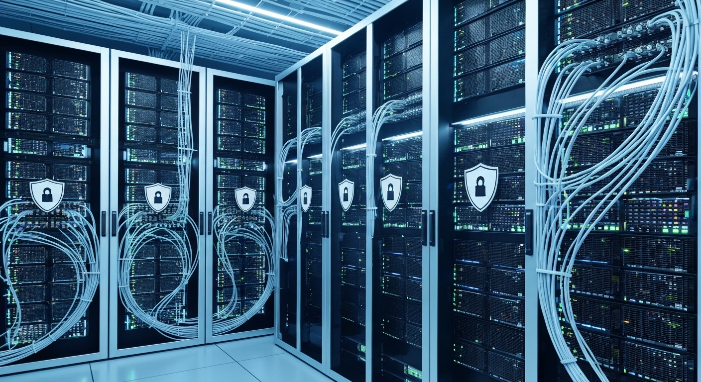 웹호스팅 안정성을 상징하는 서버 인프라와 보안 시스템 이미지