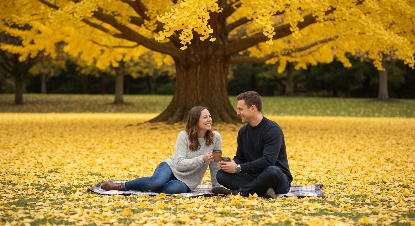 반계리 은행나무 아래 떨어진 황금빛 은행잎 카펫 위에 앉아 가을을 즐기는 사람들의 모습