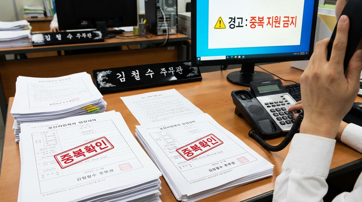 정부지원사업 중복 수혜 금지를 경고하는 한국 행정 사무실 이미지