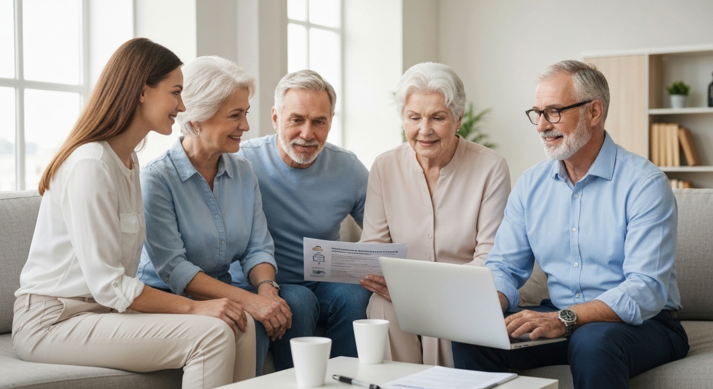 가족과 보험 전문가가 민간 간병보험과 장기요양보험 관련 상담하는 모습