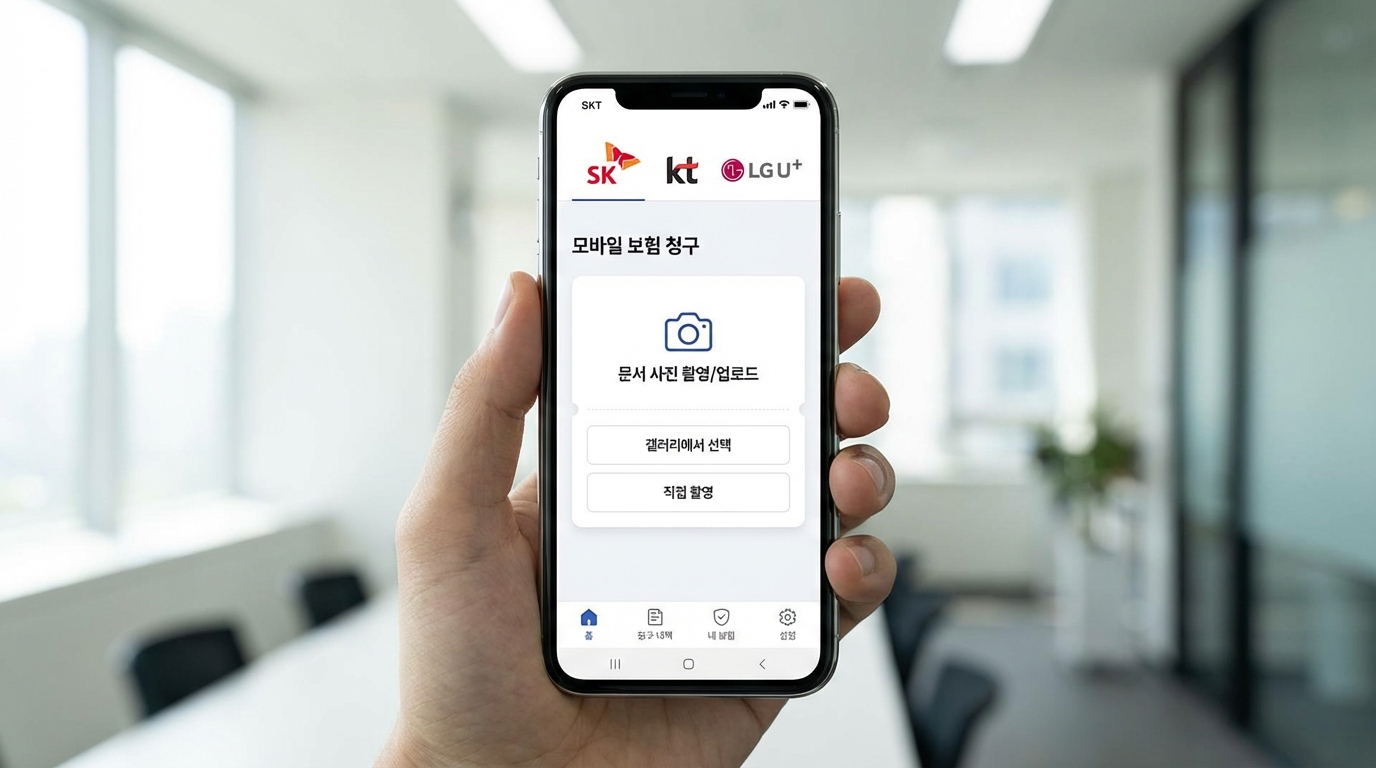 통신사 보험 청구 앱에서 서류 사진을 업로드하며 접수하는 스마트폰 화면