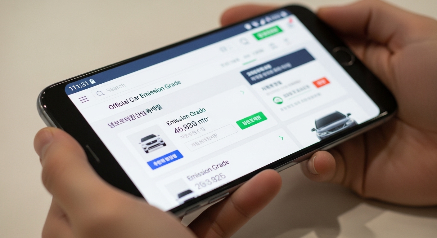 스마트폰을 사용해 자동차 배출가스 등급제 홈페이지에서 자신의 차량 등급을 확인하는 모습