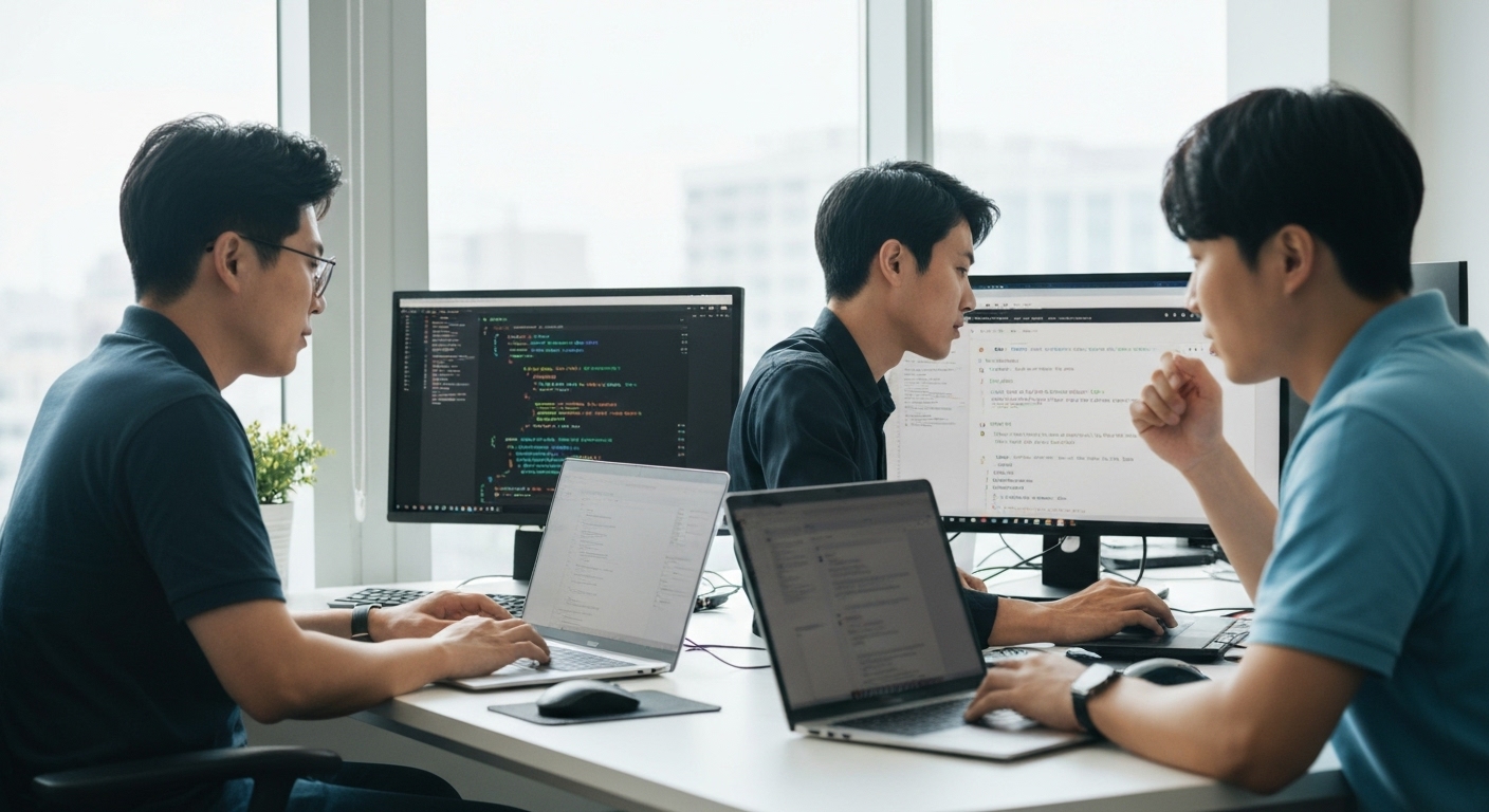 협업하며 프로젝트 관리를 하는 한국 개발자 팀의 모습