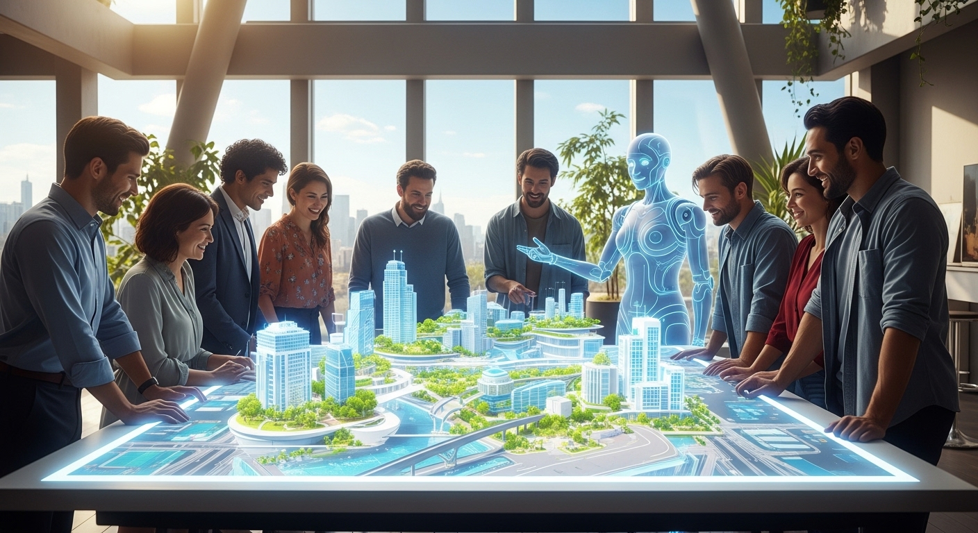 AGI 시대에 AI와 인류가 협력하여 긍정적인 미래를 만들어가는 모습