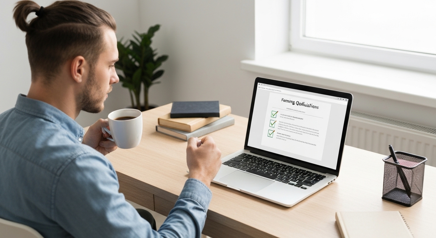 한 사람이 책상에 앉아 노트북 화면에 보이는 귀농 지원금 자가진단 체크리스트를 확인하고 있는 모습