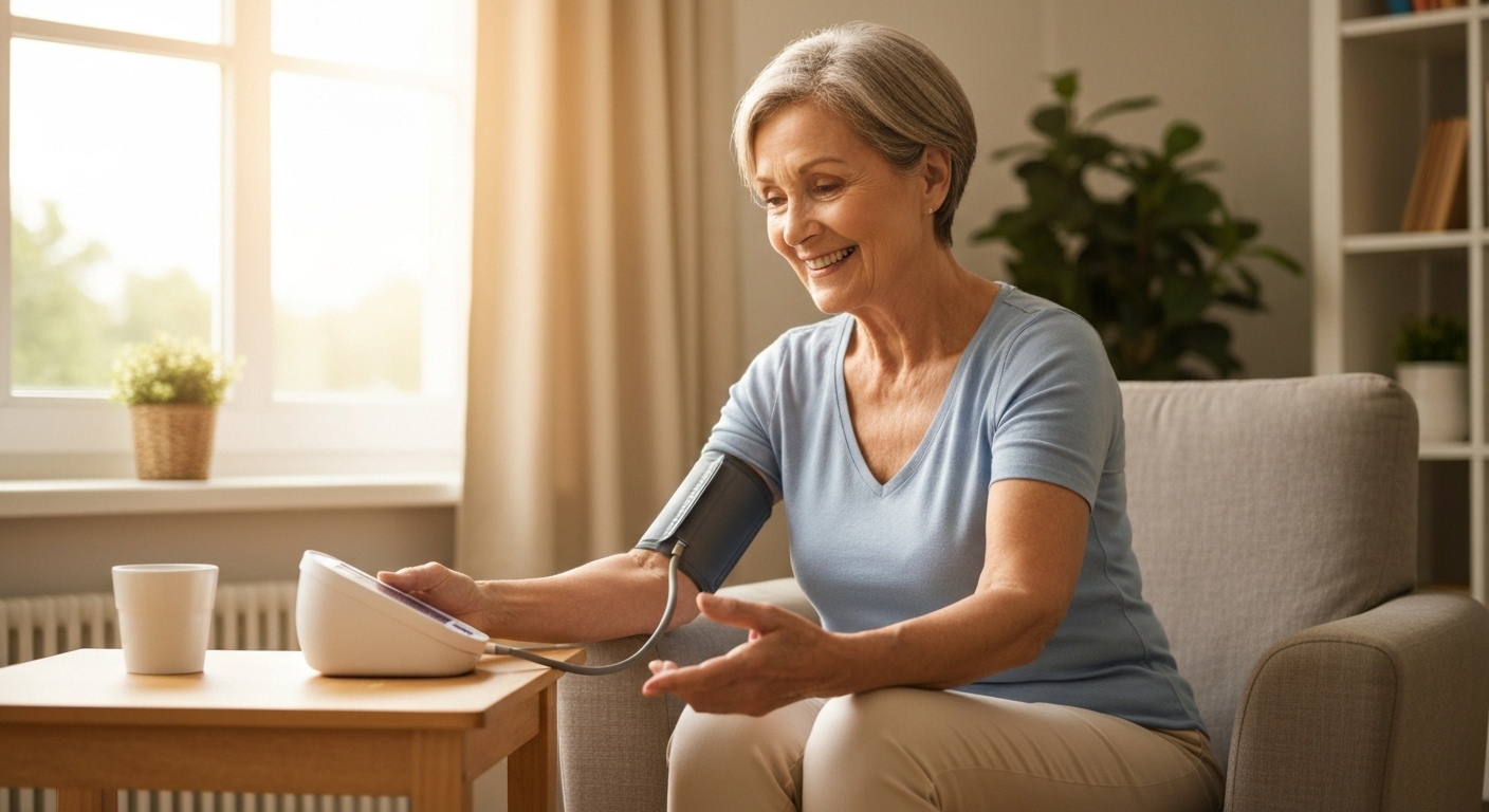 임플란트 시술을 앞두고 혈압을 재며 건강을 관리하는 노인