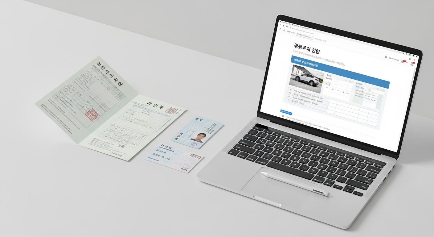 조기폐차 신청에 필요한 서류들(자동차등록증, 신분증)과 온라인 신청 화면을 보여주는 이미지