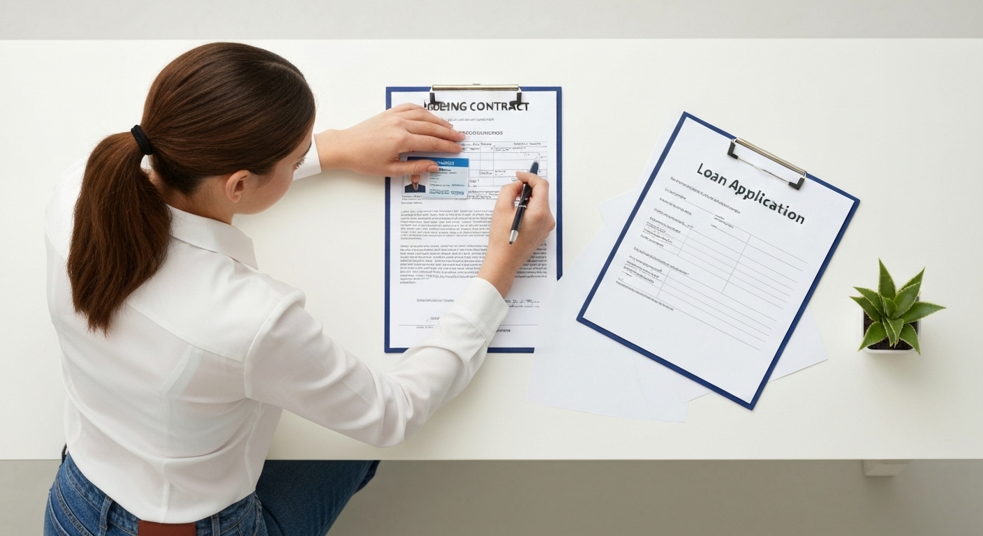 책상 위에서 전세 대출 신청에 필요한 계약서, 신분증, 재직증명서 등 서류들을 꼼꼼하게 정리하는 모습