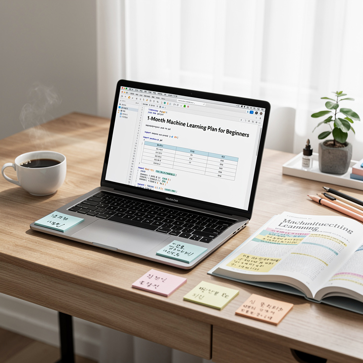 초보자를 위한 1개월 머신러닝 파이썬 학습 로드맵을 보여주는 책상 풍경