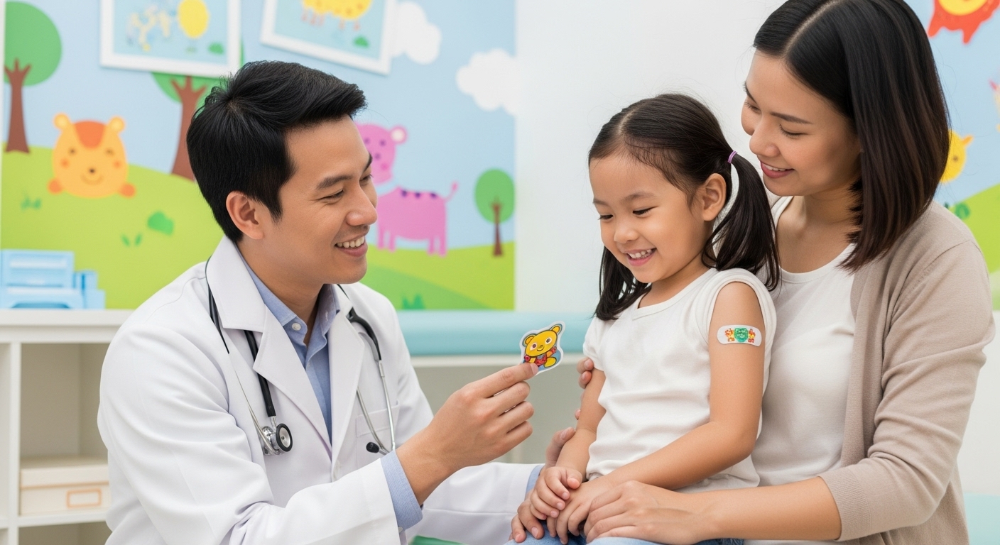 소아과에서 예방접종을 마친 후 의사에게 칭찬 스티커를 받고 기뻐하는 여자 어린이