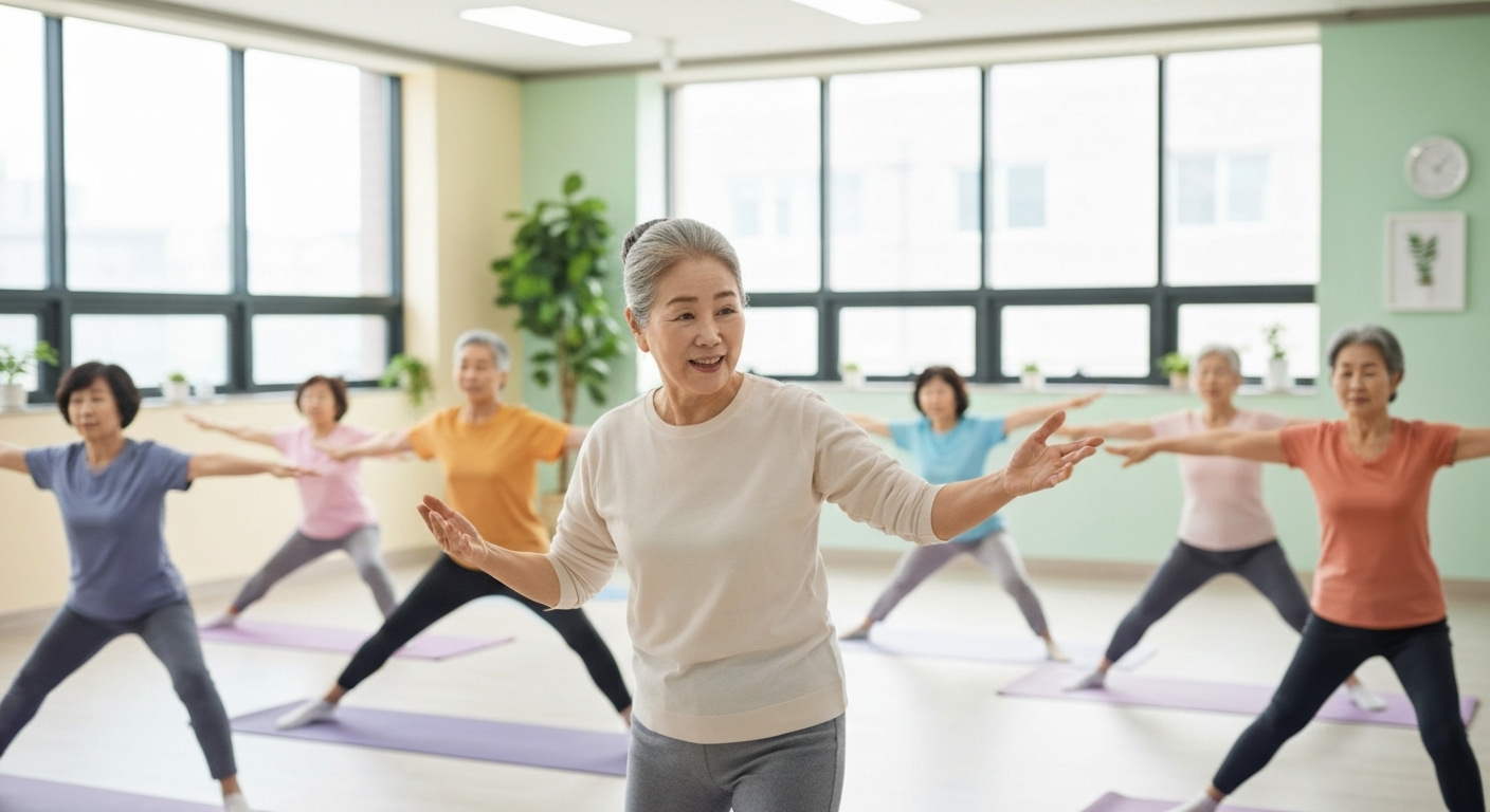 시니어 대상 문화센터에서 요가나 미술 강의를 하는 한국인 강사와 수강생들