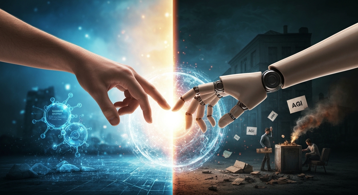 AGI 시대의 기회와 과제를 상징하는 이미지. 인간의 손과 로봇의 손이 AGI를 상징하는 구체를 사이에 두고 마주하고 있으며, 배경은 유토피아와 디스토피아로 나뉘어 있다.