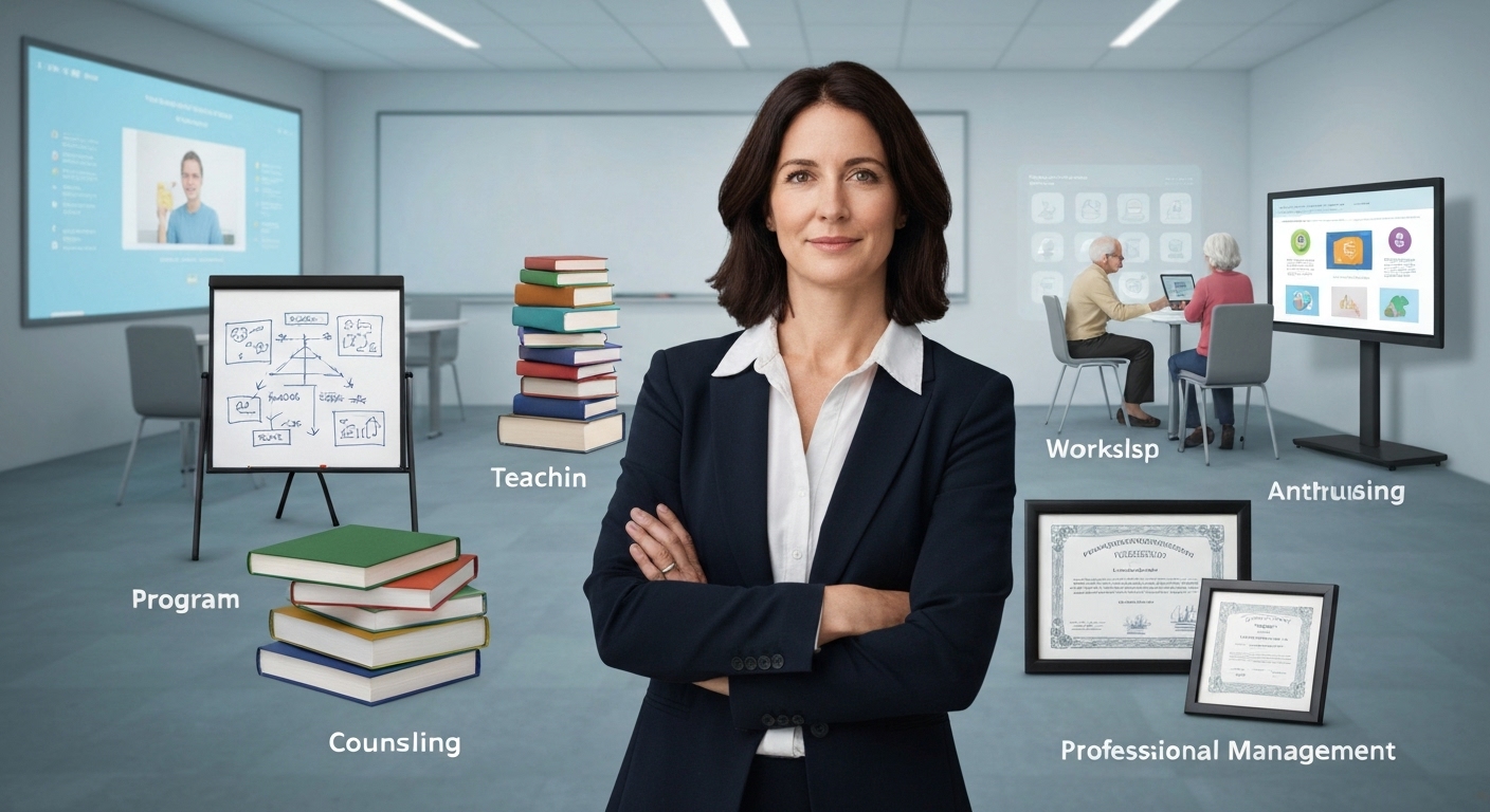 평생교육사의 다양한 역할과 급변하는 사회에서 평생교육의 중요성을 시각적으로 표현한 이미지