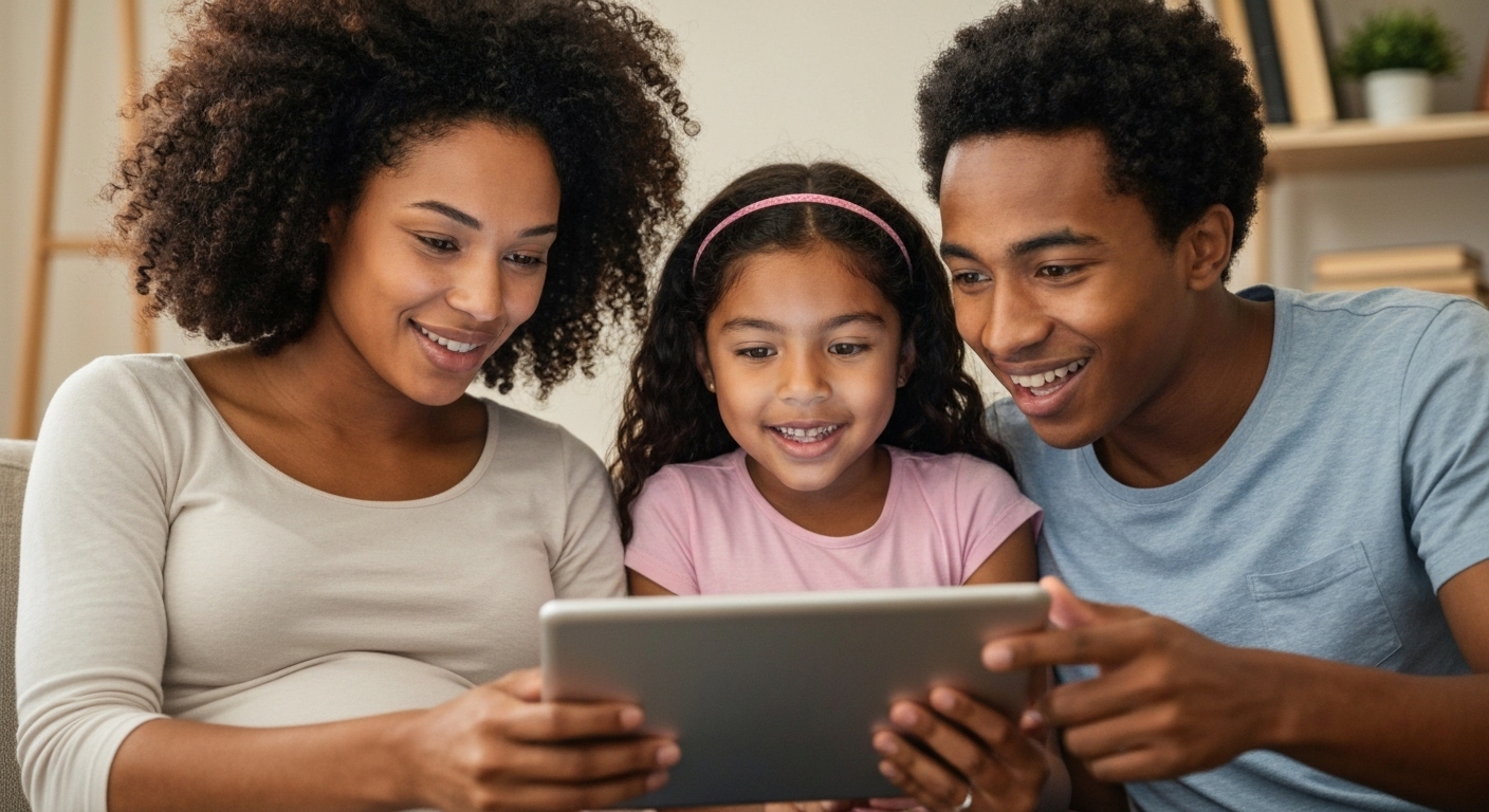 농식품바우처 신청 자격을 확인하는 임산부와 아이가 있는 가족의 모습