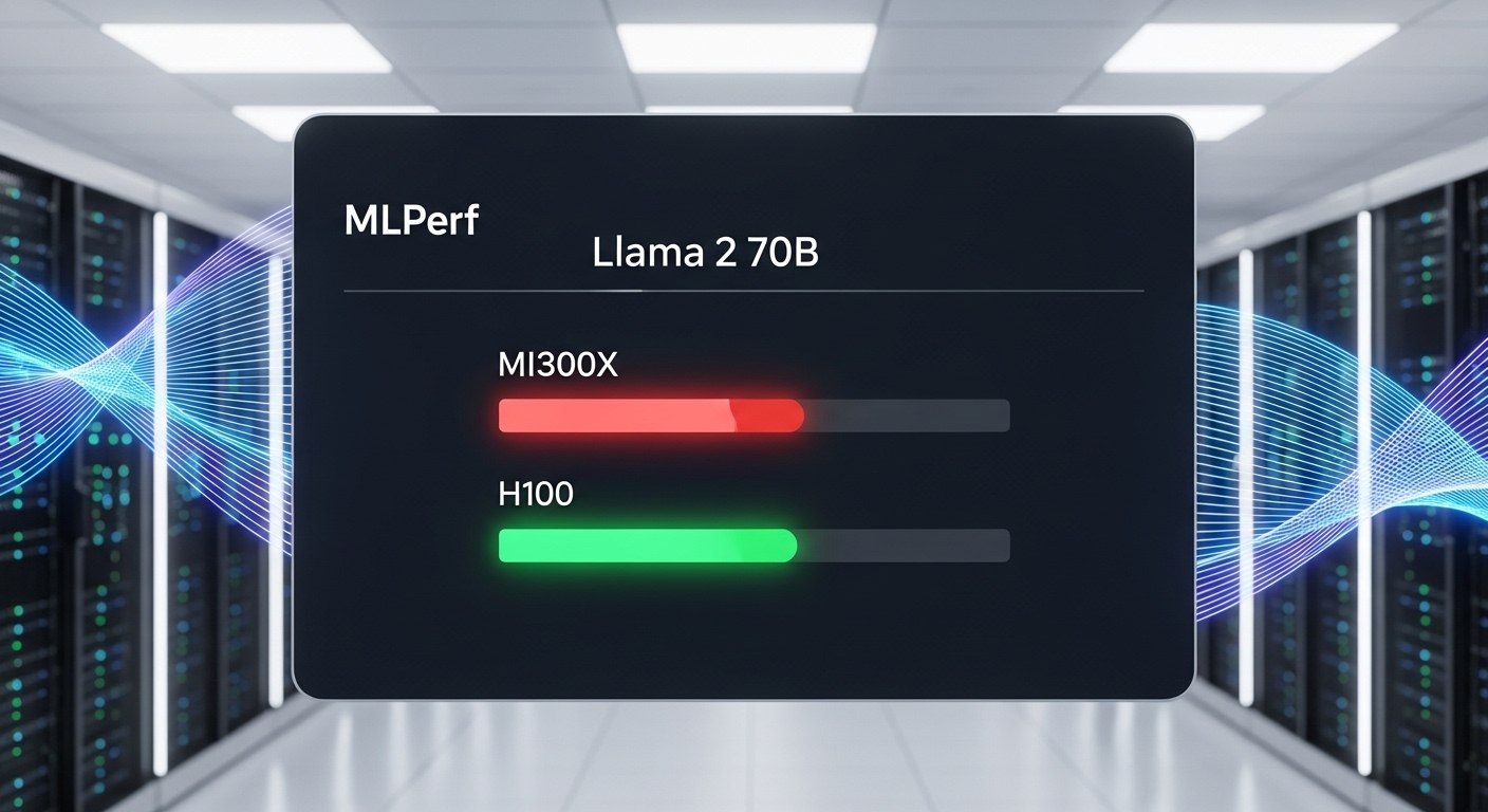 MLPerf 벤치마크에서 MI300X가 H100보다 높은 처리량을 기록한 것을 보여주는 리더보드
