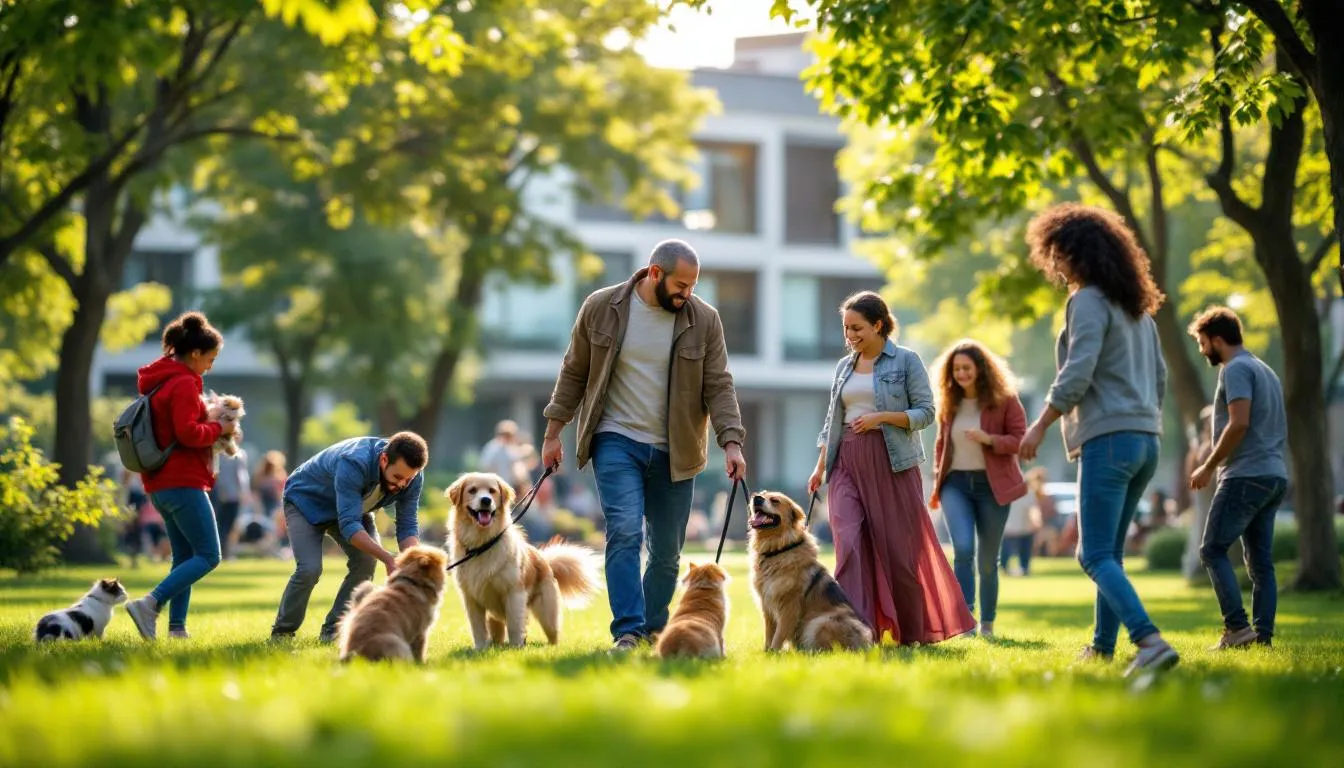 다양한 사람들이 반려동물과 함께 행복해하는 모습, 지역 사회 지원을 상징.