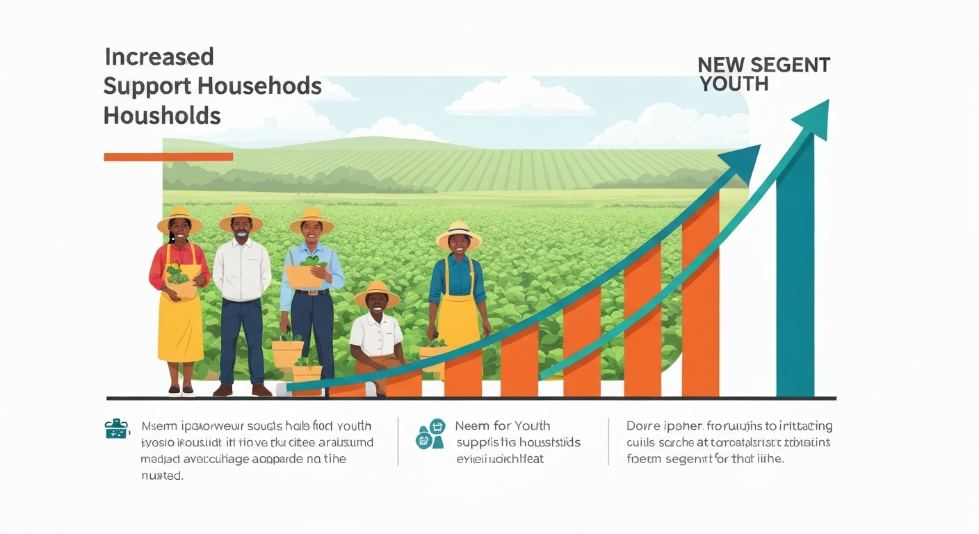 농식품바우처 지원 가구 수와 청년층 확대를 보여주는 성장 그래프와 다양한 사람들의 모습