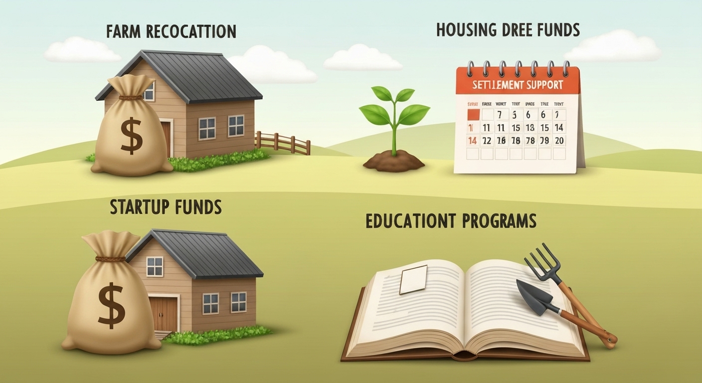 귀농 지원금의 다양한 유형 창업자금 주택자금 정착지원금 교육 프로그램을 상징하는 그림.