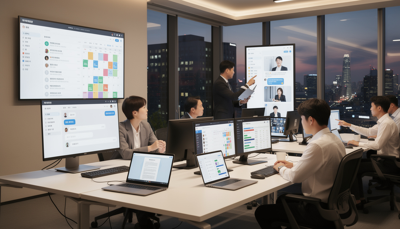 현대적인 한국 사무실 환경에서 클라우드 그룹웨어의 핵심 기능들을 디지털 스크린에 보여주는 모습