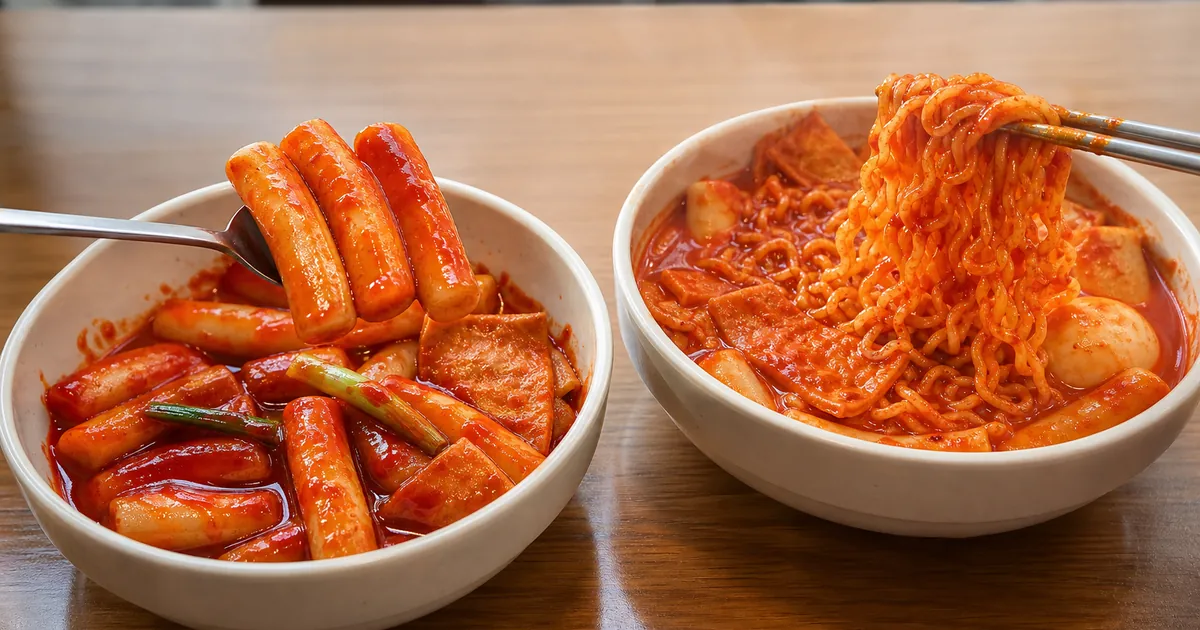 떡볶이 떡과 라볶이 라면 면발을 들어 올려 식감 차이를 비교한 분식 점심 상차림