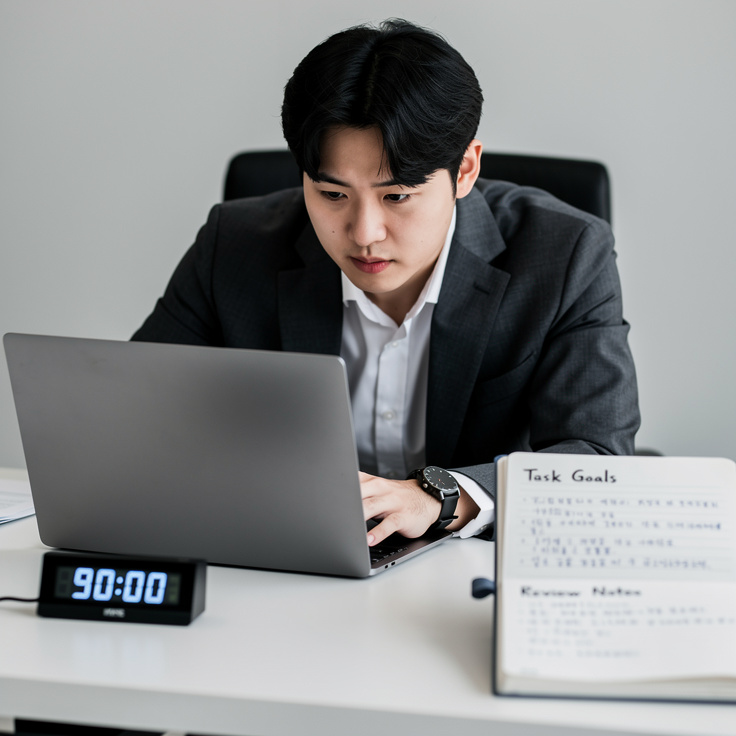 한국인이 90분 타이머를 켜고 노트에 목표를 기록하며 집중해서 노트북으로 업무하는 모습