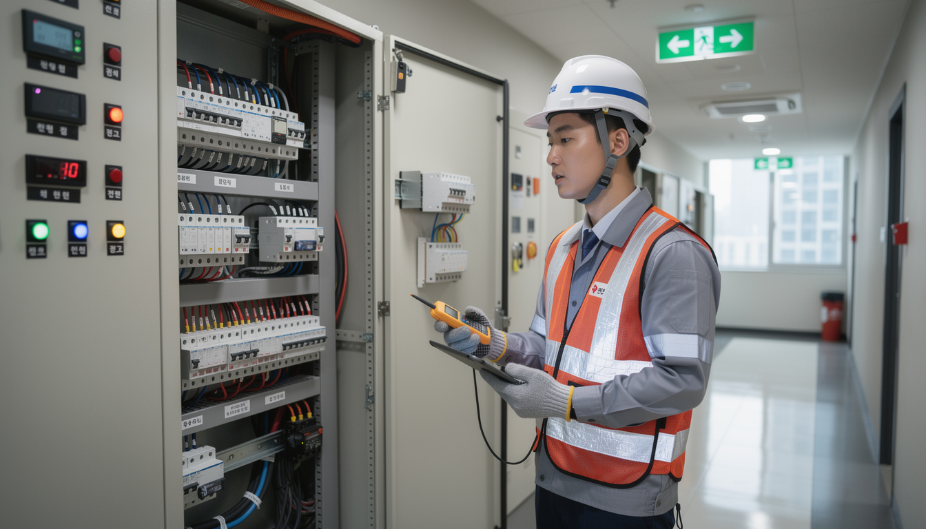 한국 전기기능사가 도시 건물 전기 설비를 점검하는 모습
