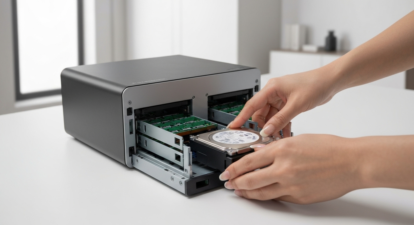 2베이 NAS 본체에 하드디스크를 장착하는 모습