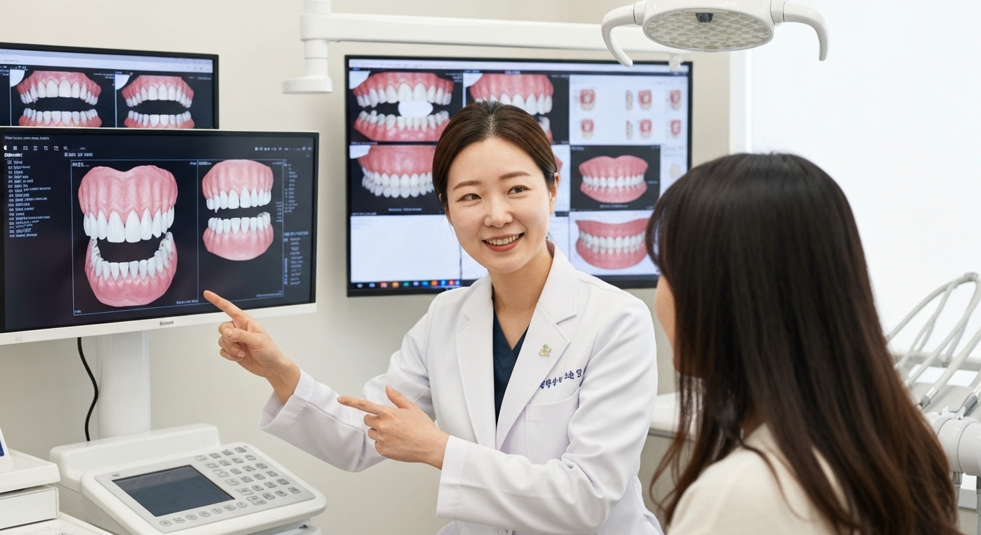 치과 의료진과 환자가 3D 진단 이미지와 치료 계획을 상담하는 한국 치과 진료 장면