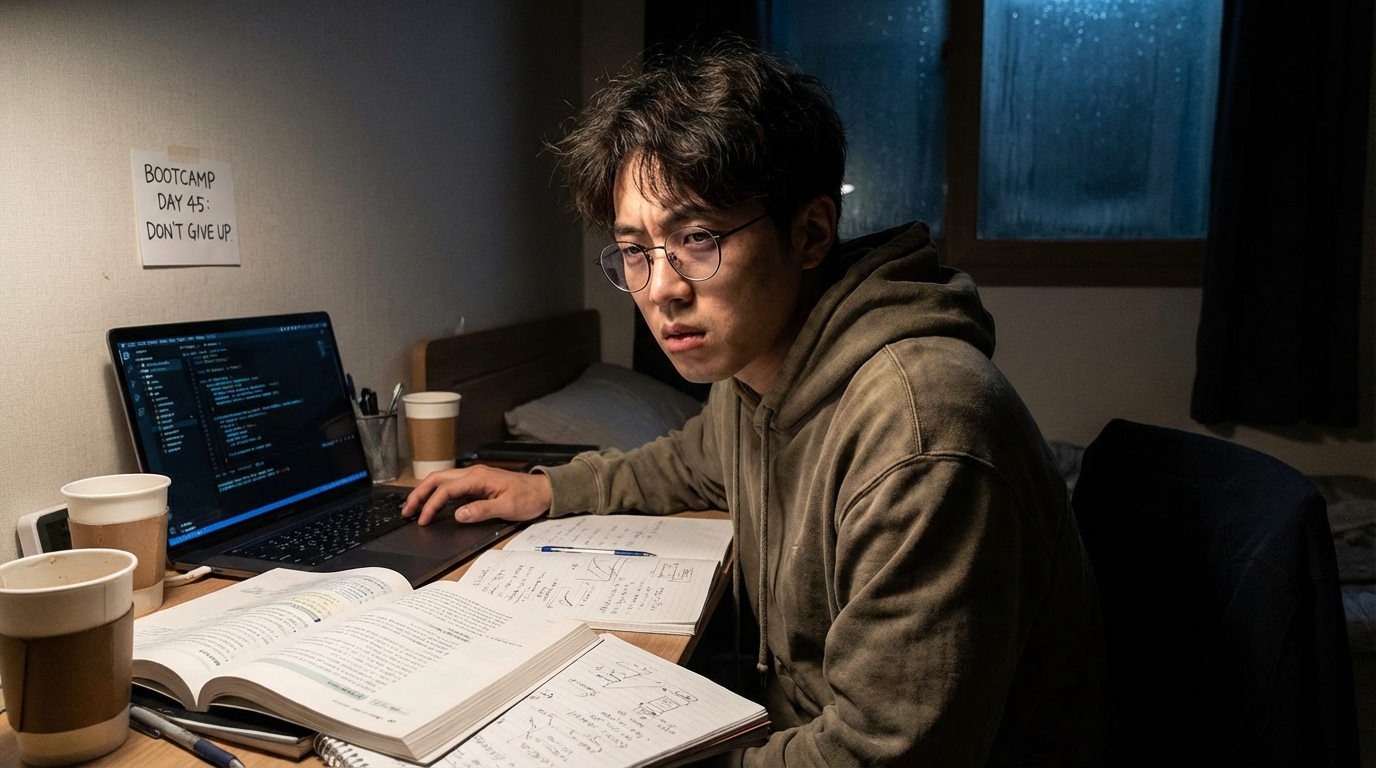 코딩 부트캠프 중도 포기 위험과 어려움을 상징하는 밤늦게 공부하는 한국 젊은 개발자