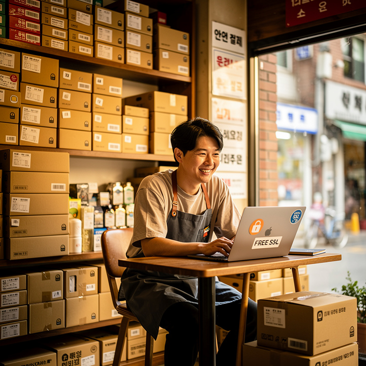 무료 SSL을 사용하는 한국의 작은 쇼핑몰 창업자 모습