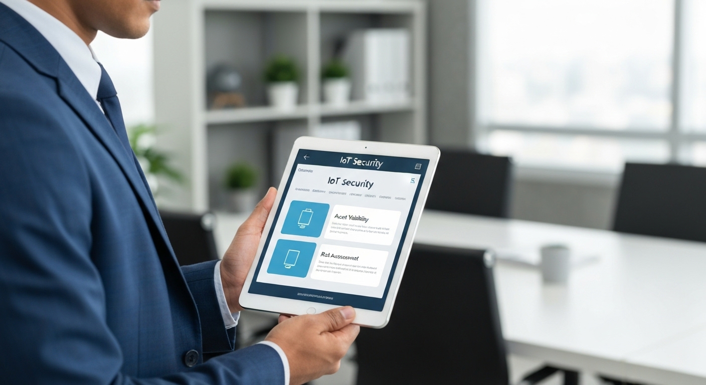 한 비즈니스 전문가가 태블릿 PC를 통해 기업의 IoT 보안 현황을 점검하는 체크리스트를 보고 있다