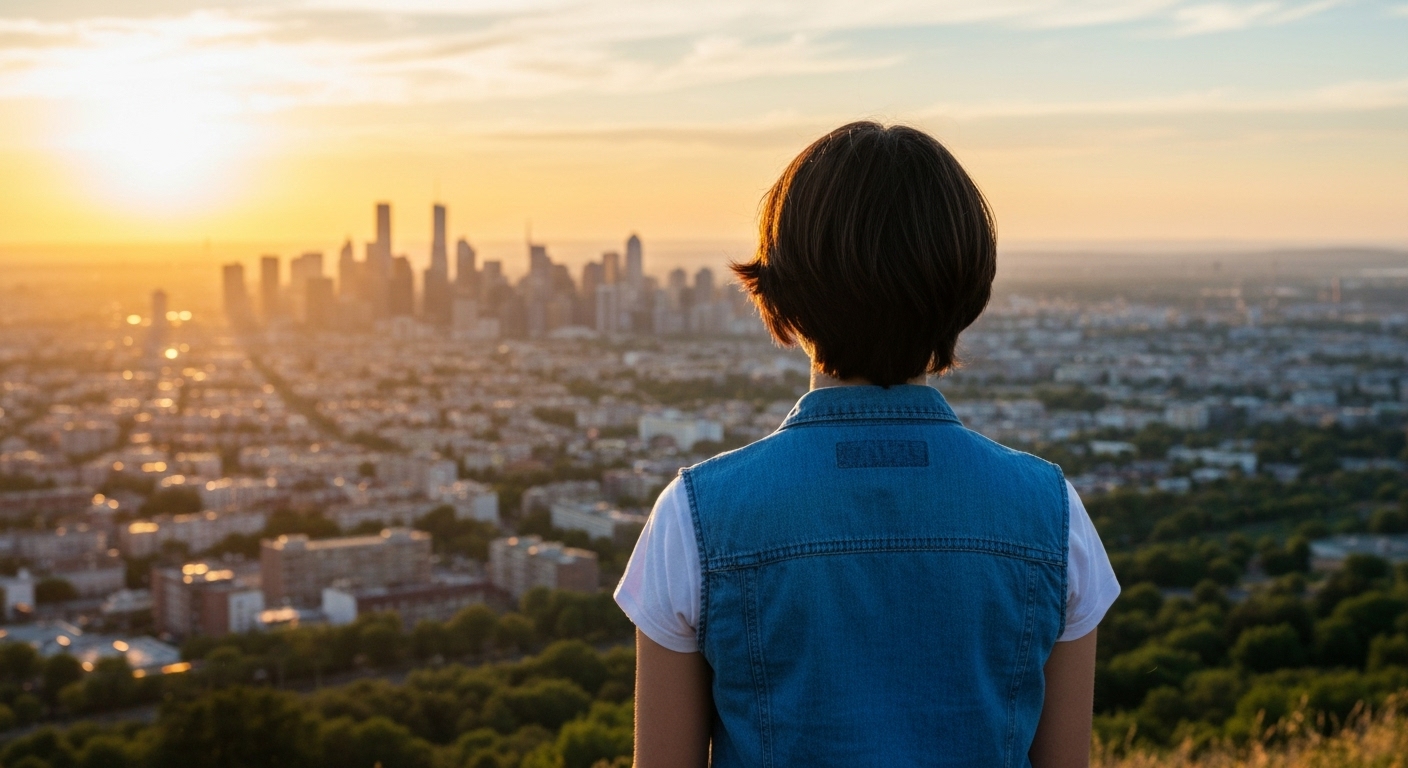 봉사활동 조끼를 입은 학생이 도시의 일출을 바라보며 희망찬 미래를 생각하는 뒷모습