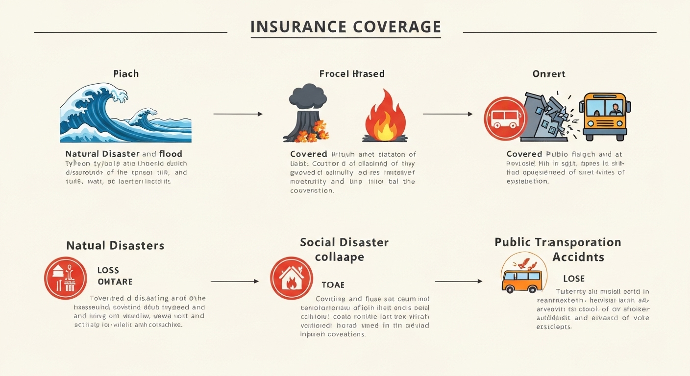 자연재난, 사회재난, 대중교통 사고 보장 항목을 나타내는 인포그래픽
