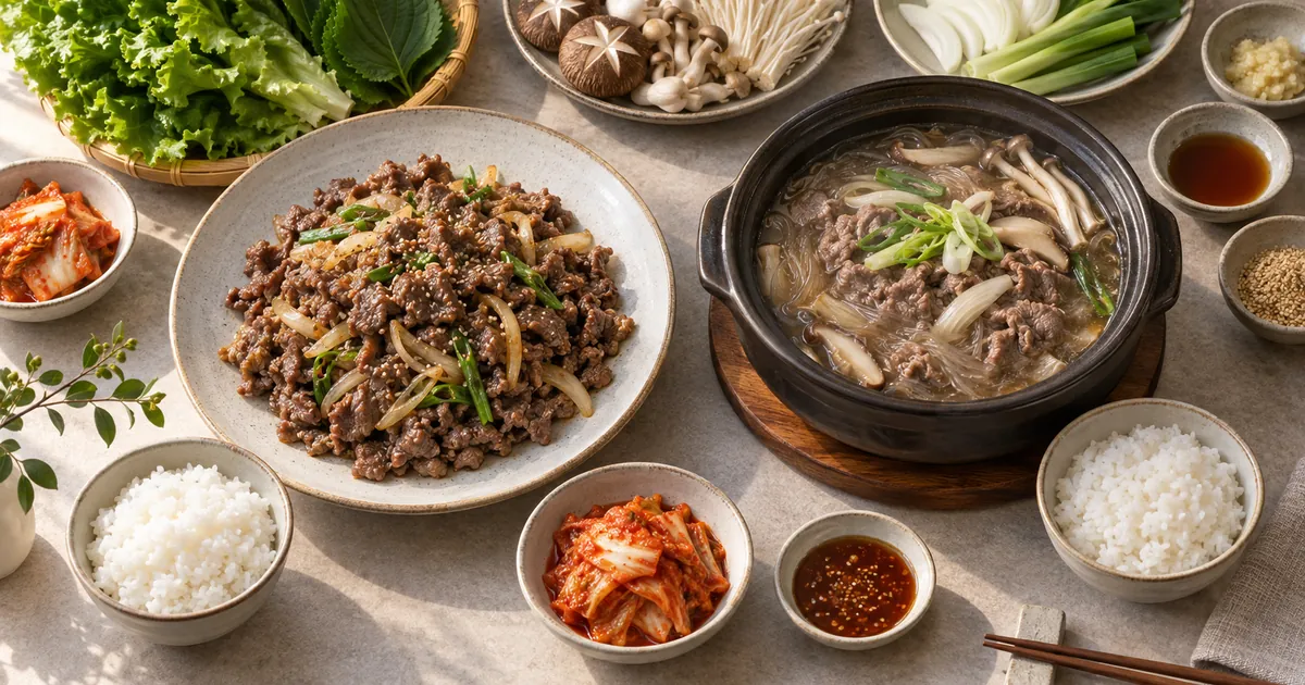 소불고기 접시와 국물 있는 뚝배기불고기, 밥과 반찬을 함께 비교한 한식 점심 상차림