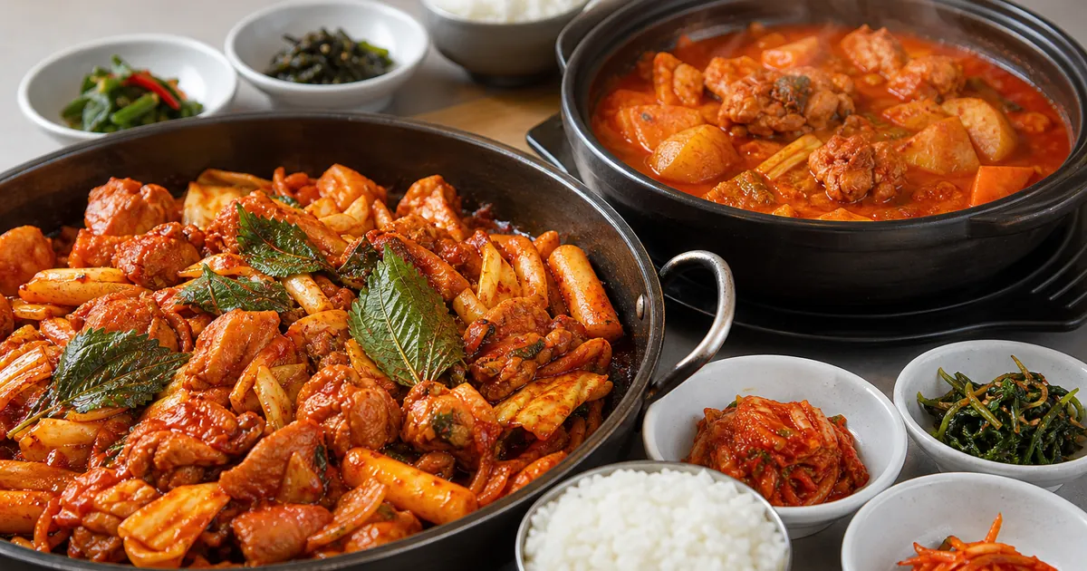 닭갈비 철판 볶음과 닭볶음탕 냄비를 나란히 비교한 한식 점심 상차림