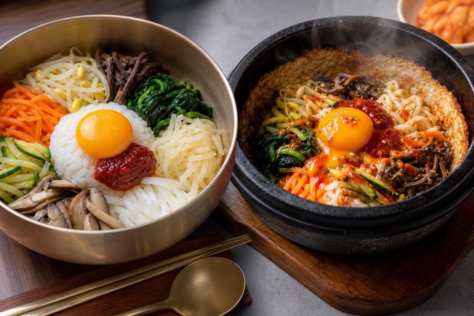 일반 비빔밥 그릇과 뜨거운 돌솥비빔밥을 가까이 놓고 나물, 고추장, 누룽지 밥알의 차이를 비교한 장면
