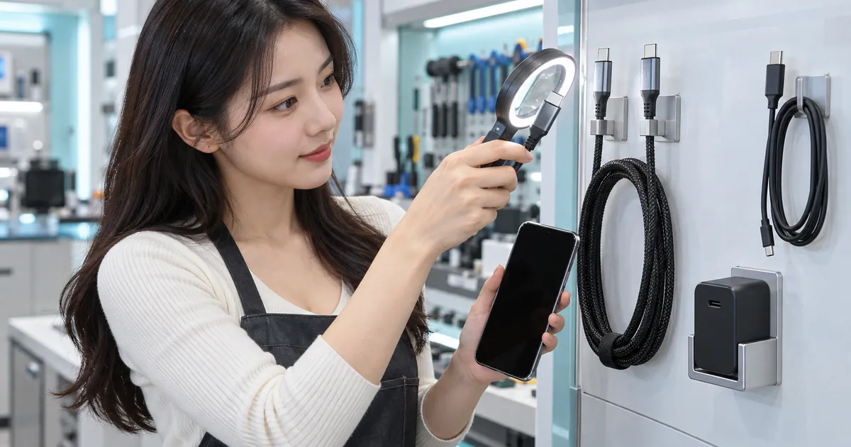 갤럭시 USB-C 충전 케이블과 커넥터·어댑터를 확인하는 모습
