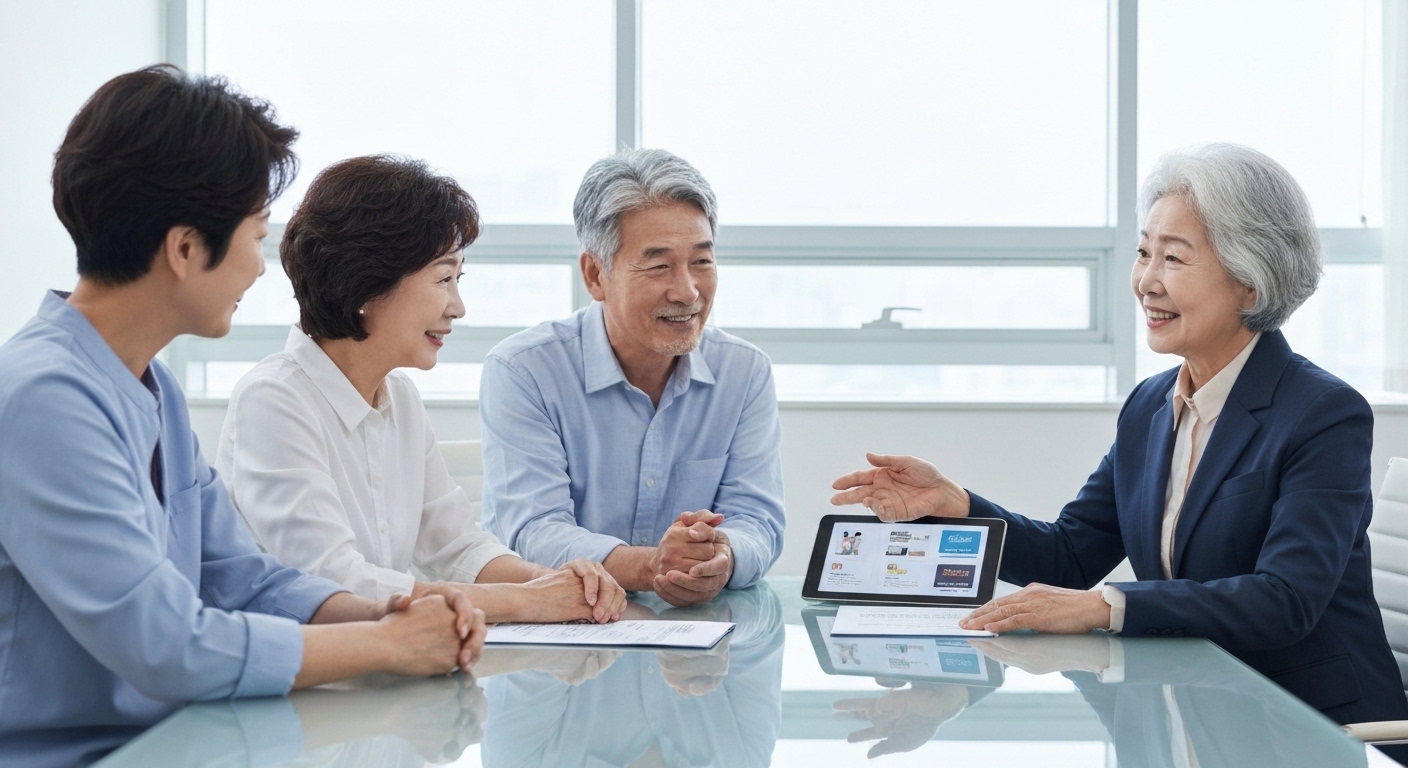 노인돌봄 서비스 선택을 위해 전문가와 상담하는 가족 모습