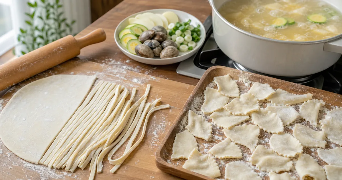 칼국수 면 반죽과 수제비 손뜯은 반죽을 나란히 놓고 조리 차이를 보여주는 한식 주방 장면