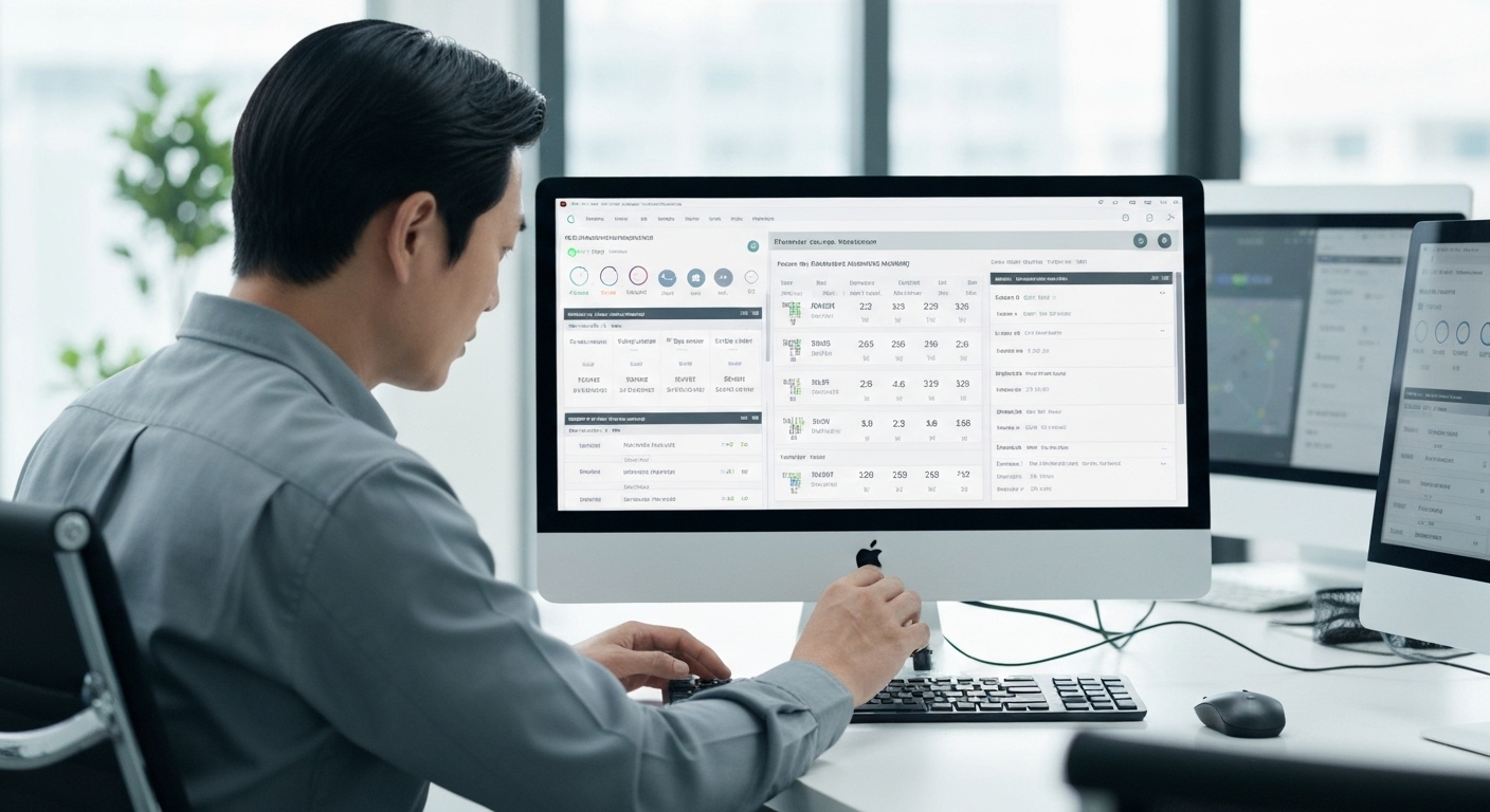 한국 IT 전문가가 원격으로 서버 상태와 네트워크 모니터링 대시보드를 관리하는 모습