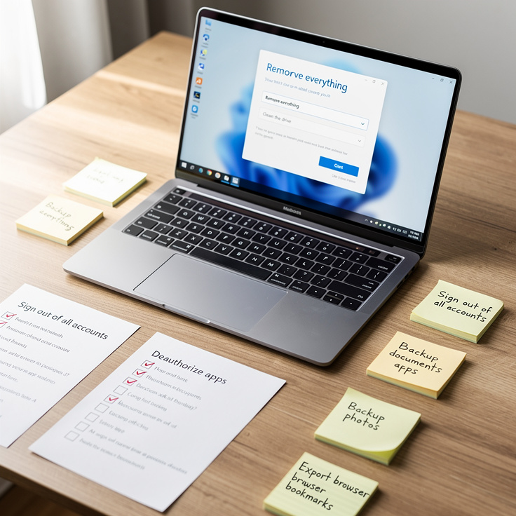 노트북 초기화 중 윈도우 11 재설치 화면과 판매 전 체크리스트