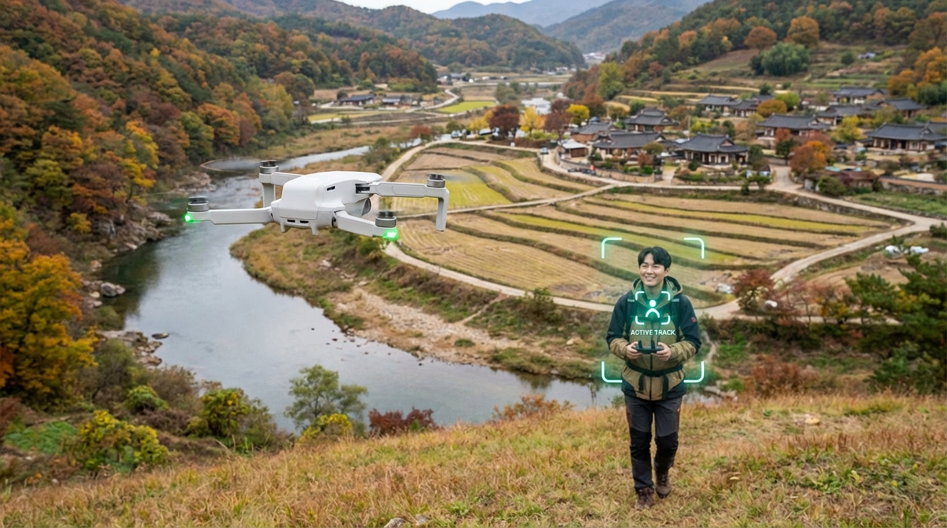 입문자용 AI 지원 자동 촬영 기능과 액티브트랙을 사용하는 드론 비행 장면