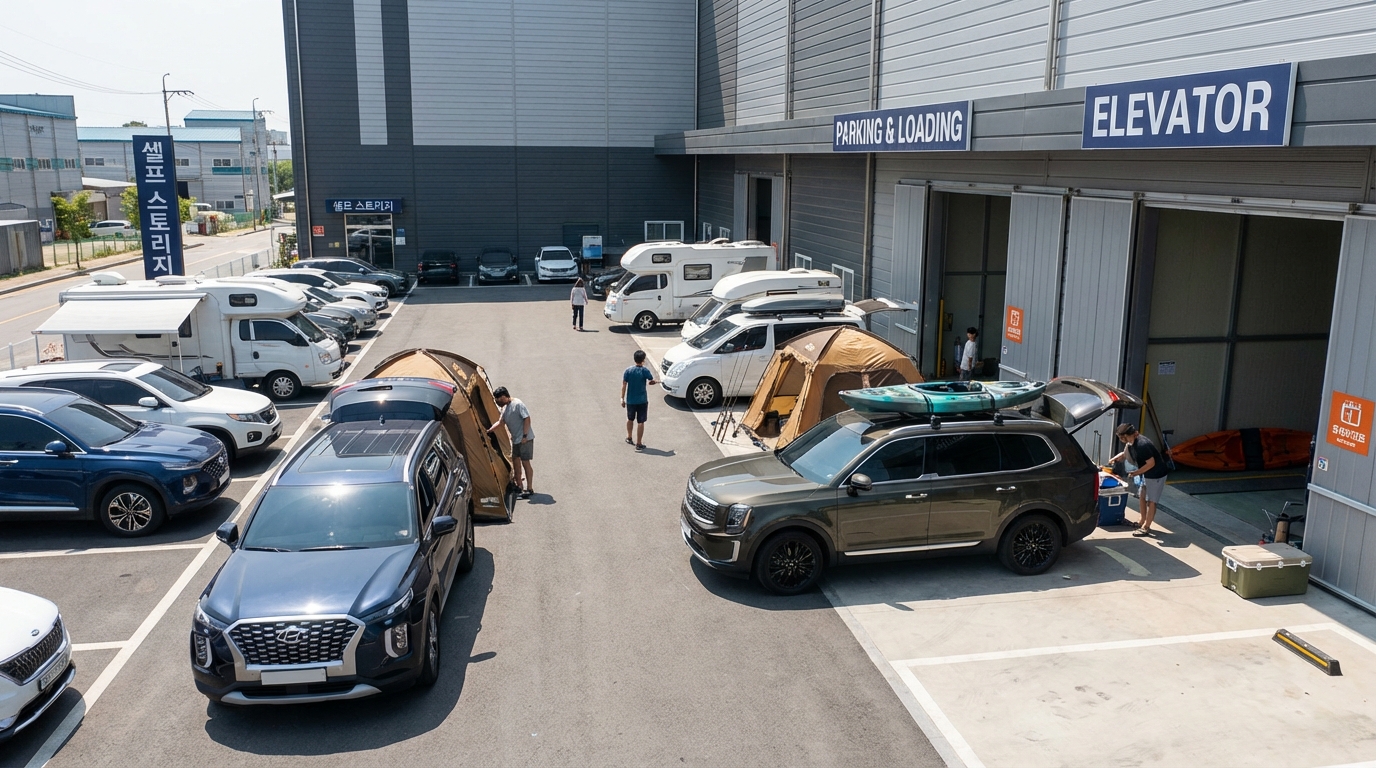 캠핑 및 낚시 장비를 내리는 넓은 주차장과 대형 엘리베이터가 있는 셀프스토리지 시설