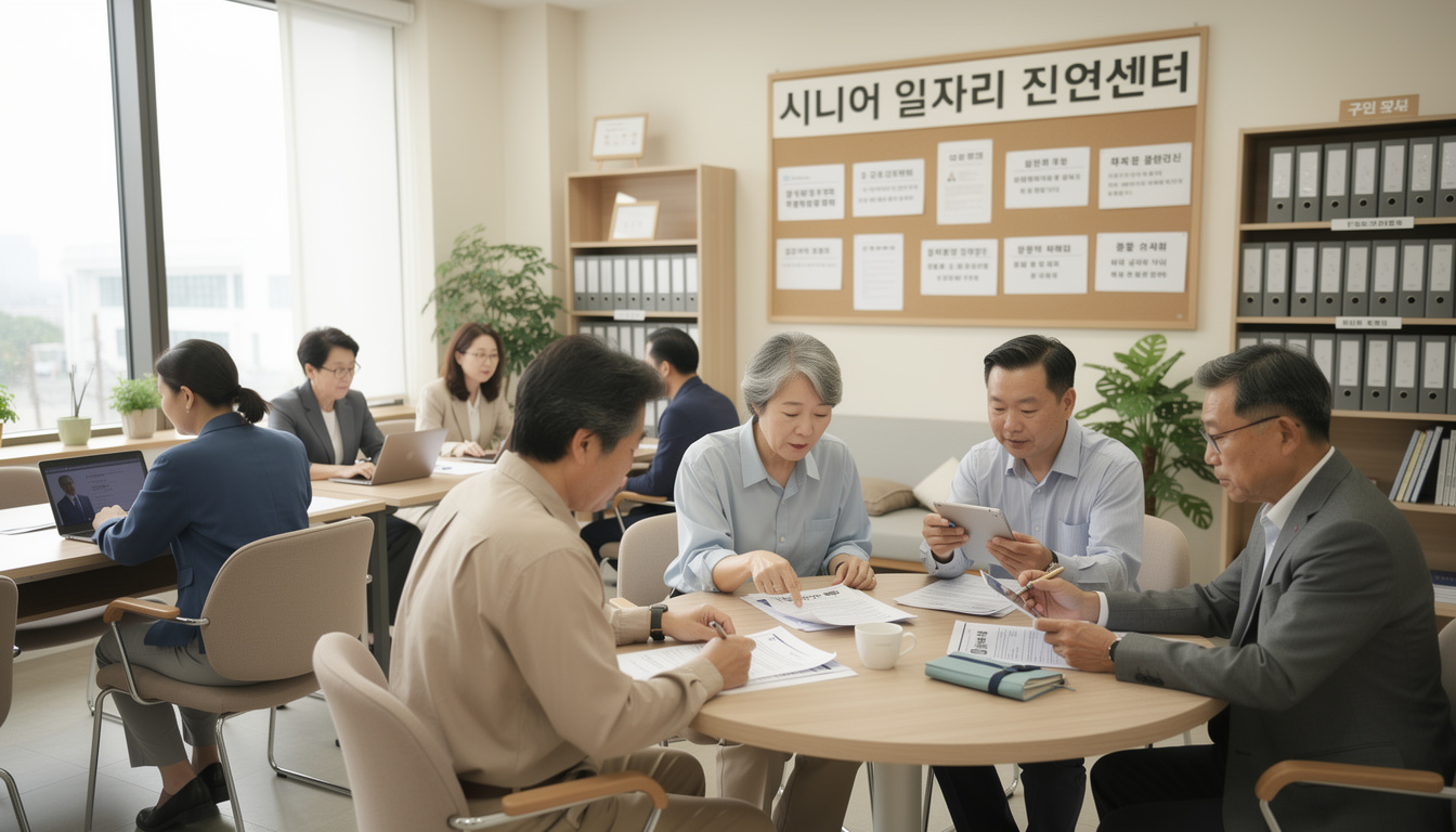 한국 중장년 구직자들이 전문 취업 지원 기관에서 상담 받는 모습