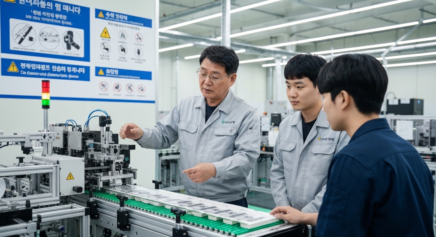 한국 공장에서 라벨부착기 운영자 교육이 진행되는 장면