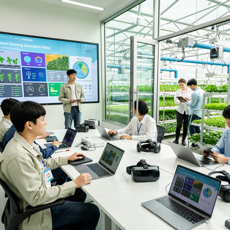 한국의 스마트팜 혁신밸리 프로그램 교육 현장에서 청년 농부들이 실습하고 배우는 모습